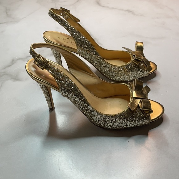 kate spade Shoes - Kate Spade Gold Glitter Peeptoe Slingback Heels